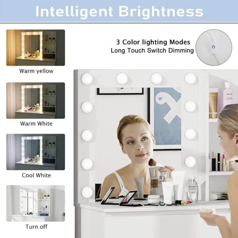 Makeup Vanity with Lights, 37inch Vanity Desk, 4 Large Drawers Dresser with Lighted Mirror, 3 Lighting Modes Brightness