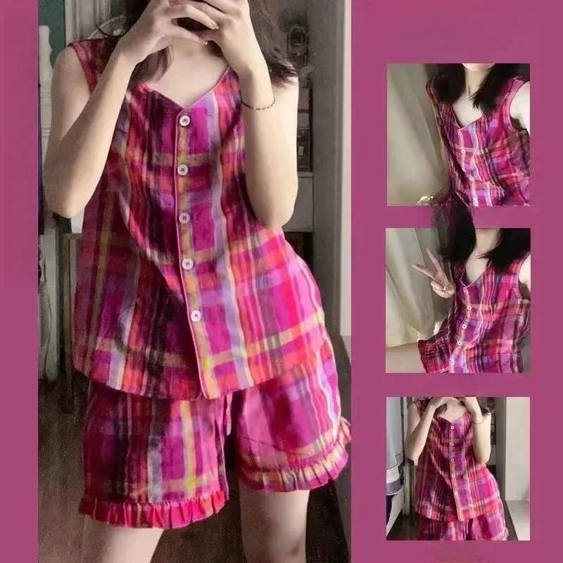 summer-ladies-pajamas-set-ins-colour-blocking-plaid-vest-pajamas-female-summer-models-new-sleeveless-leisure-home-shorts