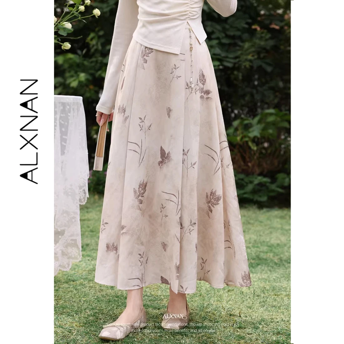 

Новая женская юбка миди в китайском стиле ALXNAN, весна 2026, с абрикосовым цветочным принтом, повседневная длинная юбка с подвеской в подарок, L62516