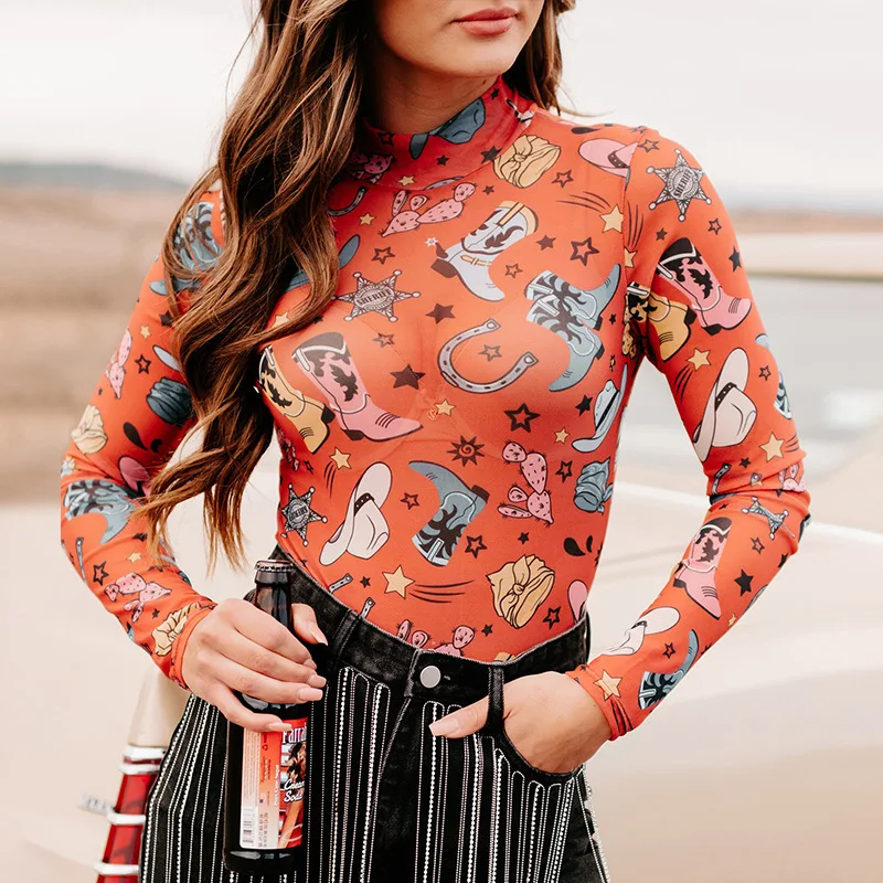 Women’s Sexy Long Sleeve Bodysuit, Pattern Print Slim Fit, New Fashionable One-Piece, Mode Sexy