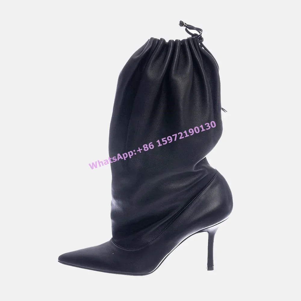 

Pleated Mid Calf Boots Pointy Toe Thin Heels Wide Calf Solid Women's Concise Elegant Winter Shoes Sexy Fashion Runway Boots 2025