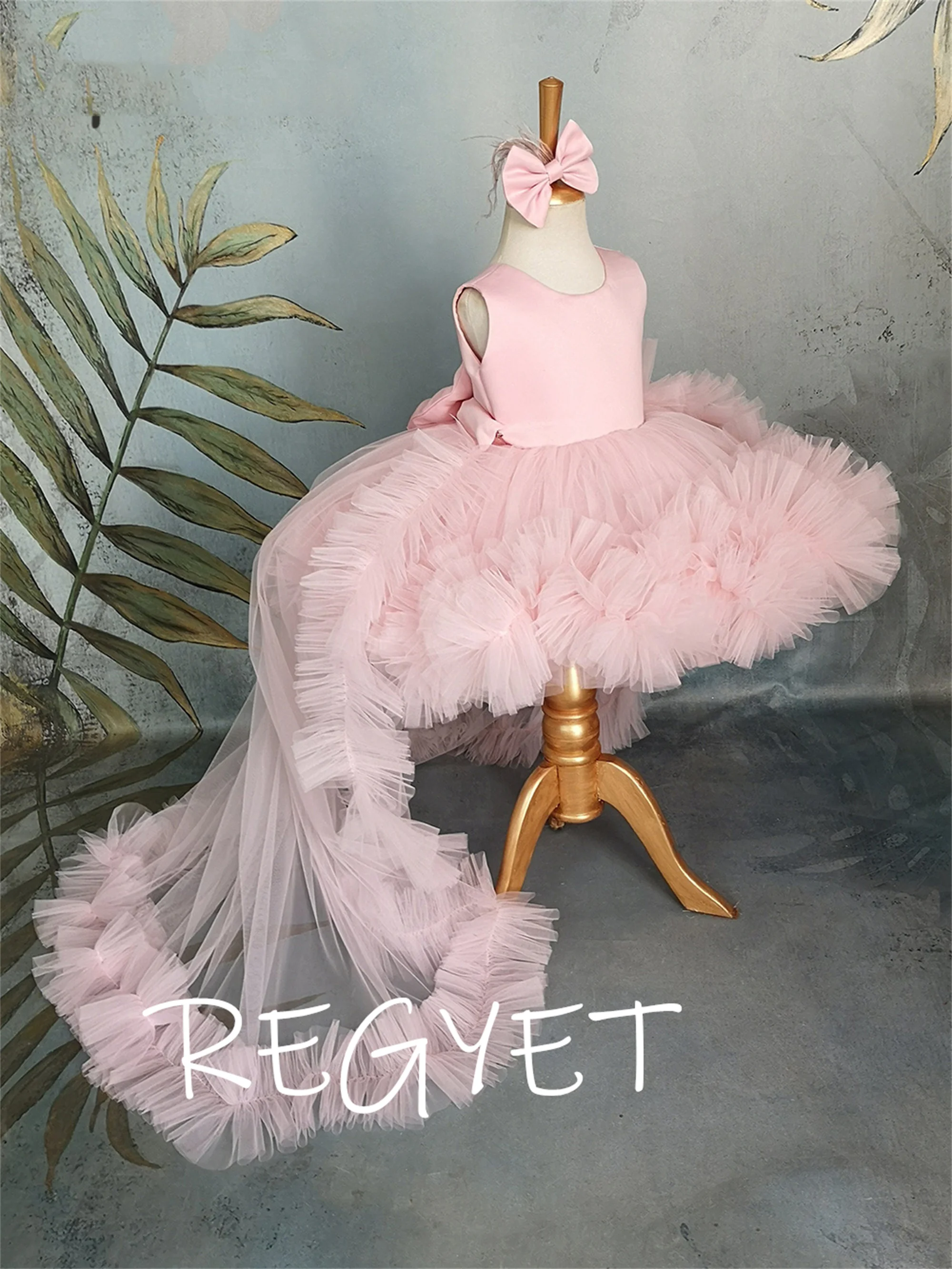

Puffy Girl Dress Pink Baby Dress with Train Flower Girl Dress Bow Cute Kid's Child Birthday Dresses Frist Communion