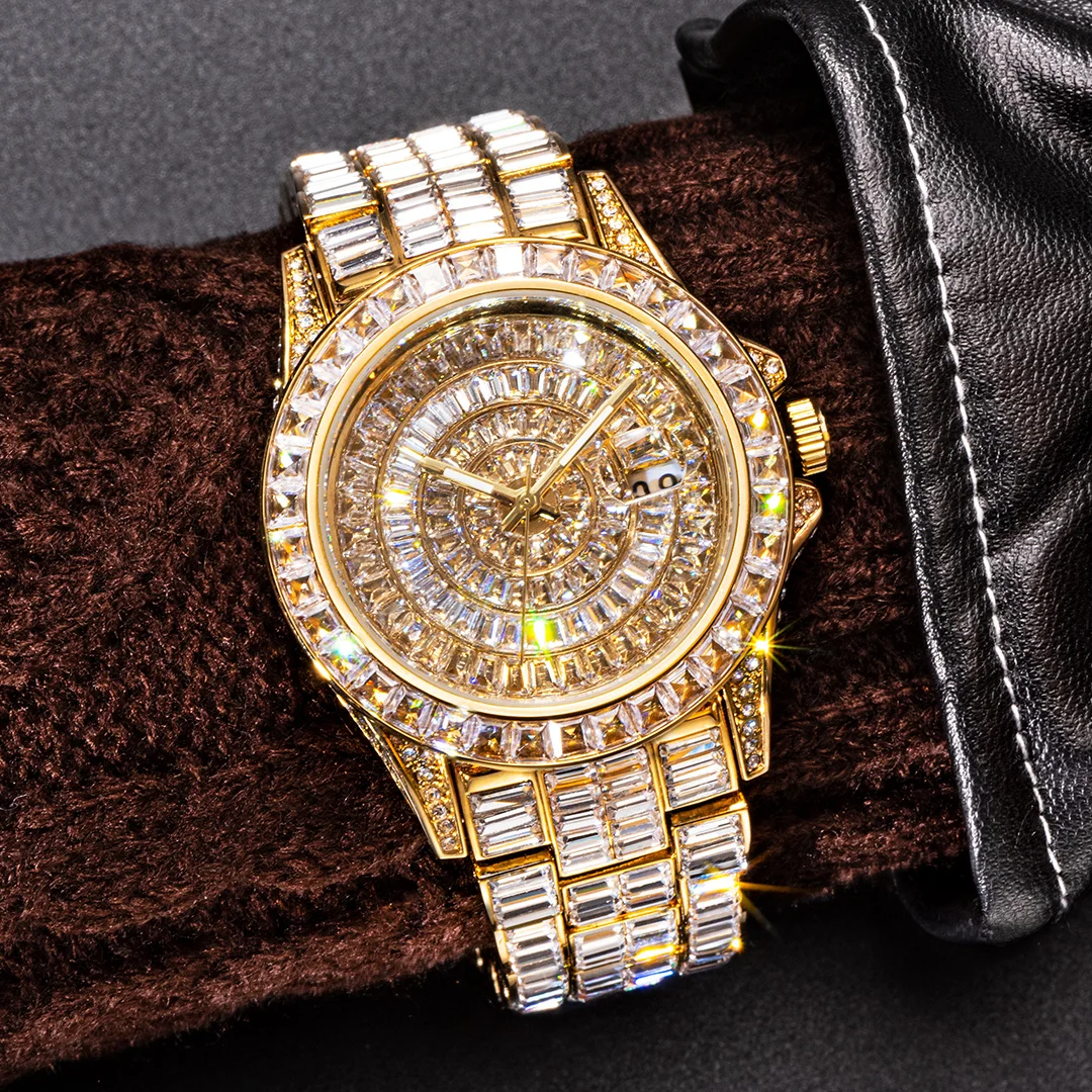 Full Iced Out Watches For Men Luxury Handmade Mosaic Diamond Silver Steel Watch Fashion Hip Hop Silver Automatic Date Male Clock