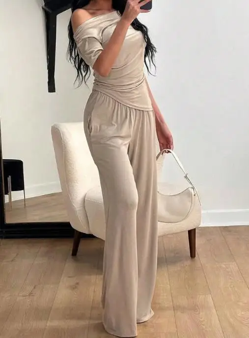 

Summer Simple and Elegant Sloping Collar Waist Design with A Short Sleeved T-Shirt Top and High Waisted Straight Leg Pants Set