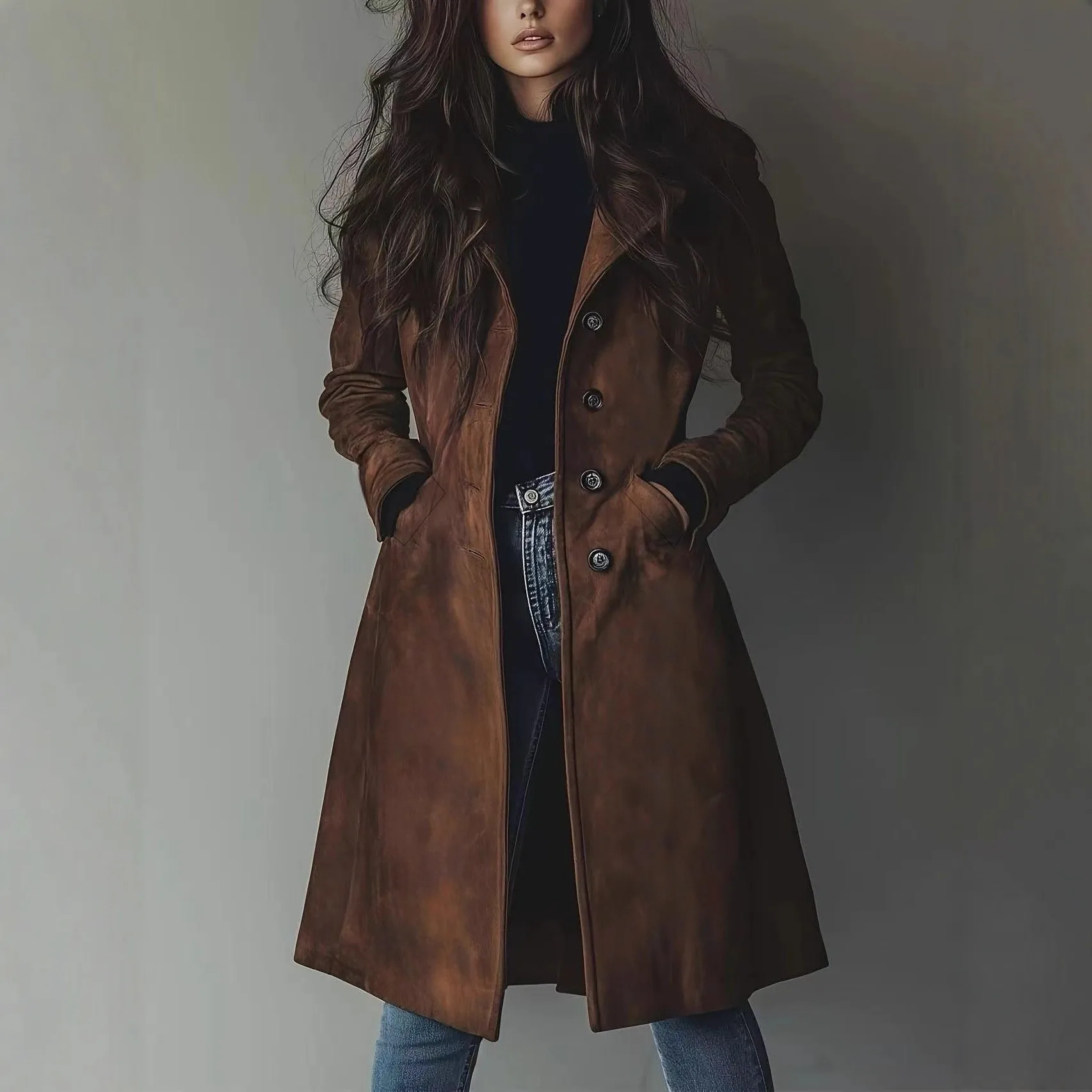 Women's Winter Female Trench Coat Fall Winter Notched Lapel Single Breasted Button Closure Solid Color Pocket Long Sleeve