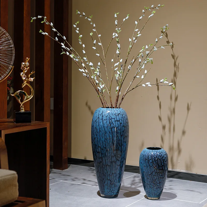 Neoclassical living room entrance TV cabinet soft decoration large ornament blue enamel floor-to-ceiling glass vase flower