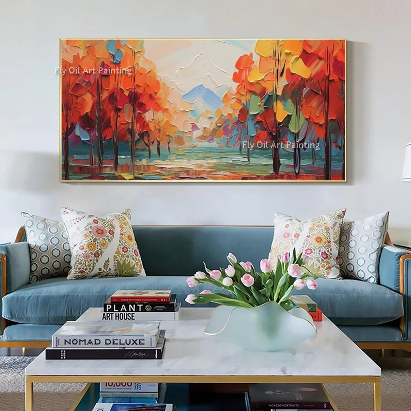 Popular Design Red Orange Tree Landscape Canvas Thick Oil Painting Navy Blue Sunset Wall Art Decor For Room Large Tree Artwork