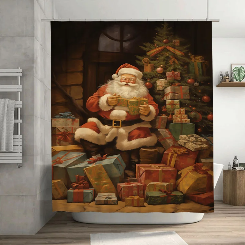 

Tuniu Charming Santa Claus Festive Christmas Bathroom Shower Curtain Waterproof Holiday Decor