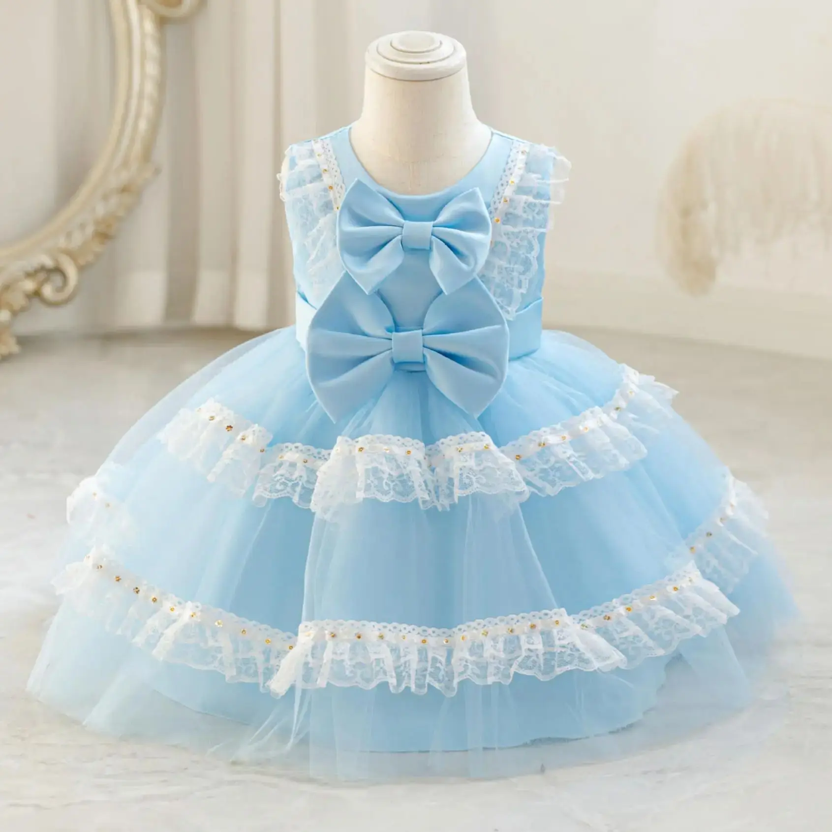 HETISO Cute Bow Lace Baby Girl's Dress Lolita One-Piece Birthday Kid's Clothing for 1-4 Years Old Babies