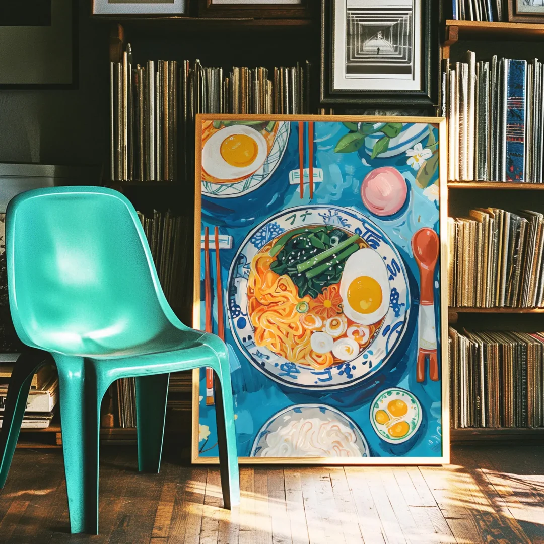 تنزيل طباعة رامين لذيذ، ملصق فني مطبخ ياباني قابل للطباعة، طعام مسطح في الطاولة، ديكور مطبوع أزرق لطيف، وا آسيوية #5