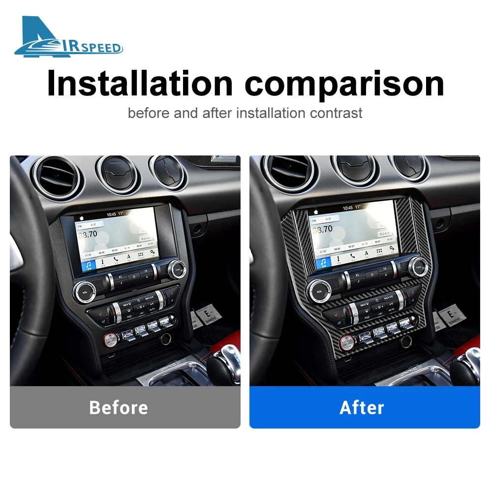 フォードマスタング2015, 2016, 2017, 2018, 2019, 2020, 2021, 2022に適した,コントロールパネル付きの本物のソフトカーボンファイバーコンソールステッカー