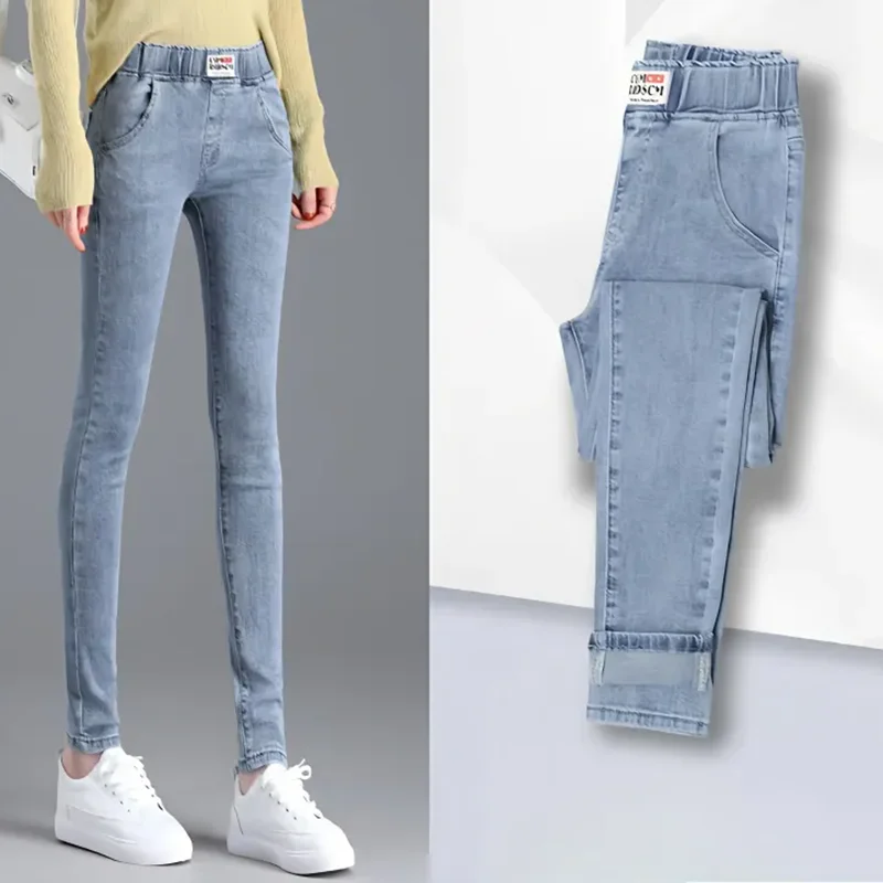 Winter warme dünne Bleistift Jeans Frauen Vintage elastische hohe Taille Samt gefüttert Jeans hose koreanische solide verdicken Stretch Vaqueros