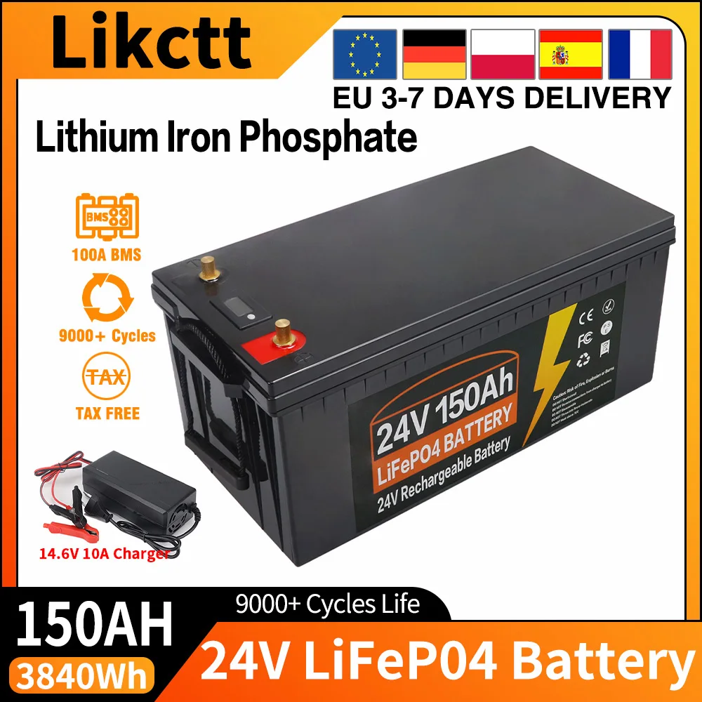 Nowa bateria litowo-żelazowo-fosforanowa LiFePO4 12V 24V 100Ah 150Ah 200Ah 350Ah, wbudowany system zarządzania baterią (BMS) 100A, ponad 9000 cykli głębokiego rozładowania, ochrona przed niskimi