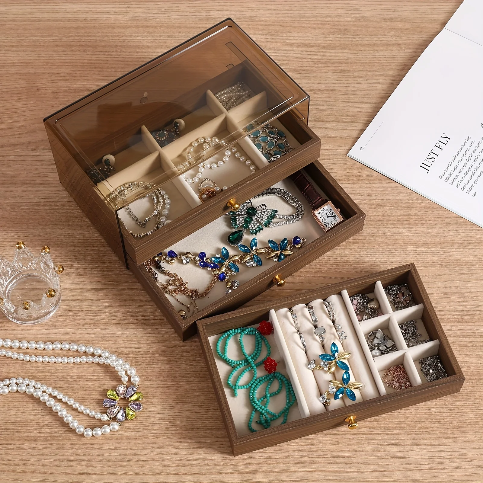 Estuche organizador de joyero de 3 capas para mujer: estuche para guardar joyas con ventana de cristal, cuero verde oliva con terciopelo crema