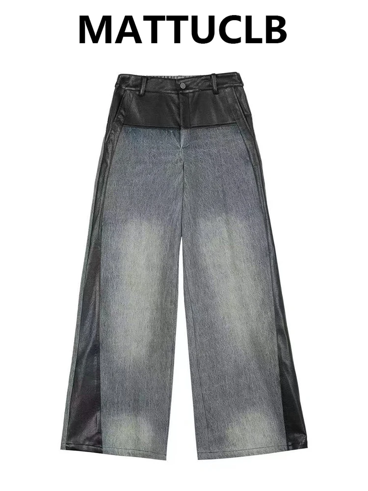 

Women's Baggy Jeans Pu Faux Leather Patchwork Abi Y2k Japanese Streetwear Cyber Punk Denim Pants Grunge Harajuku Cowboy 2000s