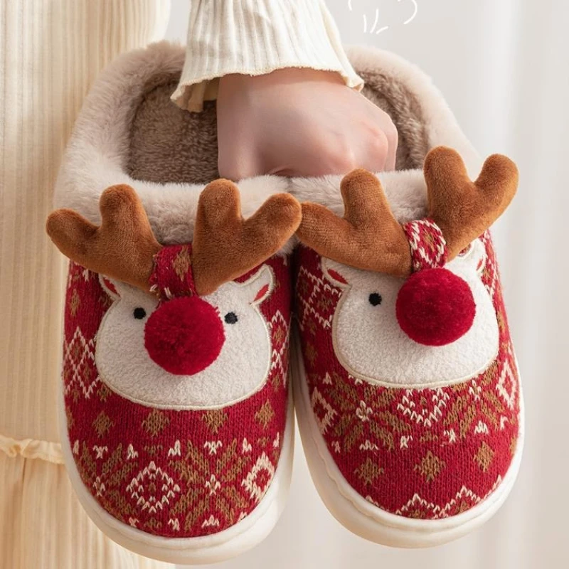 

Cute Cartoon Christmas Deer Cotton Slippers For Women Men Home Floor Shoes Soft Plush Anti-slip Couples House Bedroom Slipper