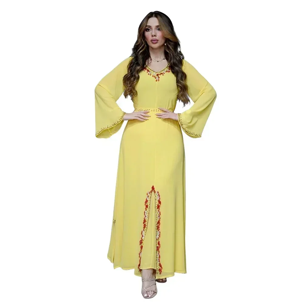 Chiffon Diamond Summer Dress Abaya for Women Loose Long Dress Muslim Dress Kaftan Women Dubai Abayas Long Sleeve Evening Dress