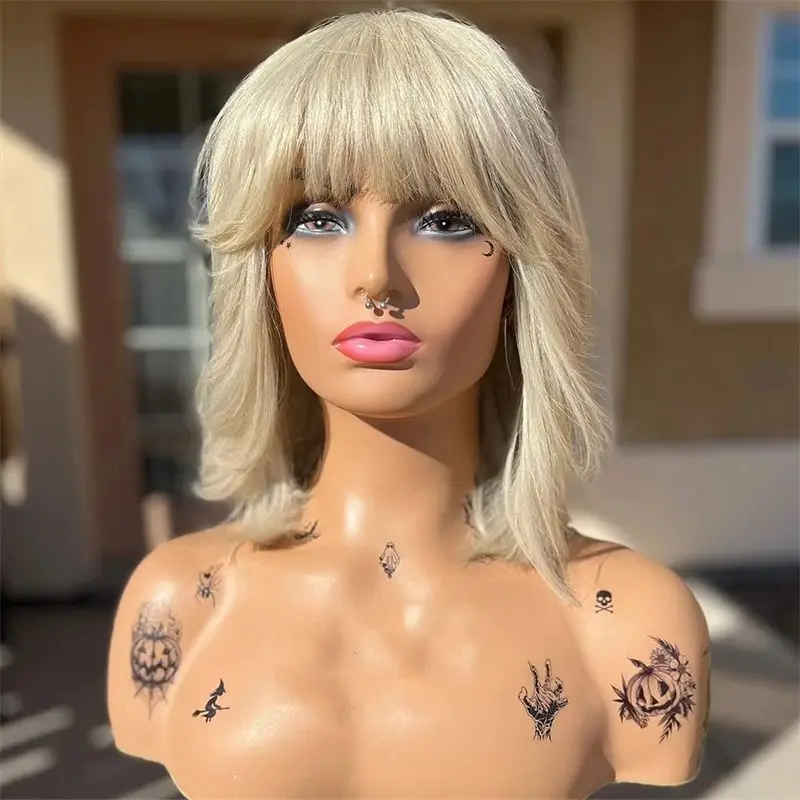 New Fashion Bob Wig Platinum Blonde Synthetic Wig with Bangs for Women Short Straight Wig Futura Heat Resistant Cosplay Hair Wig