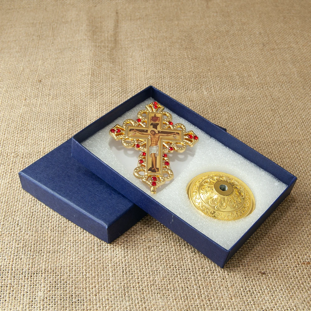Nuevo proveedor de iglesia ortodoxa, crucifijo con icono de Jesús de Metal, Cruz de mesa ortodoxa con soporte para oraciones, caja de regalo para decoración del hogar de Jerusalén