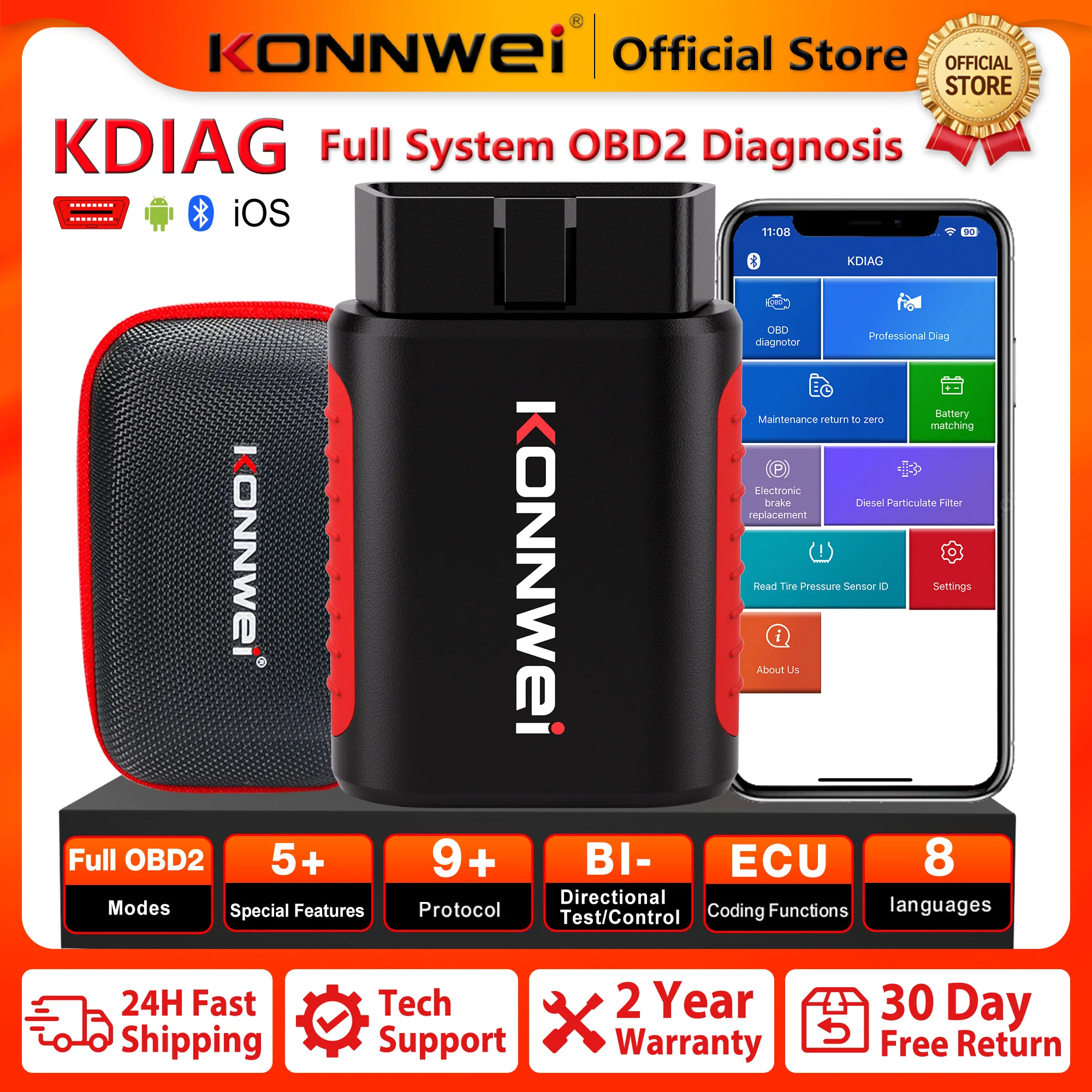 2026 KONNWEI KDIAG Samochodowy Skaner Diagnostyczny OBD2 Bluetooth do Wszystkich Systemów, Odczyt i Wymazanie…