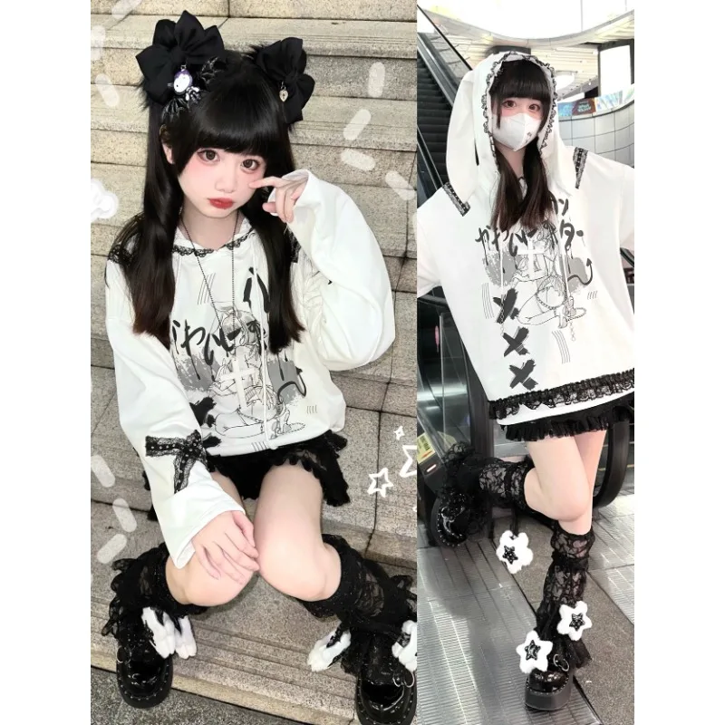 Y2K Subculture stitch Hooded Shirt Comic Sweet Sweatshirts Black Rabbit Women\'s Clothes Harajuku Loose Casual Hoodies Women Top