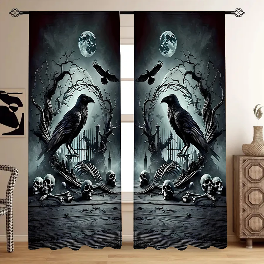 2pcs Gothic Crow Curtains Black Skull Window Drapes Spooky Halloween Decor Mystery Dark Art Living Room Bedroom