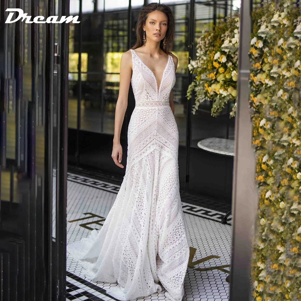 DREAM Customized Elegant Long Deep V Neck Boho Mermaid Bridal Dress 2024 Open Back Sleeveless Lace Beach Wedding Gowns