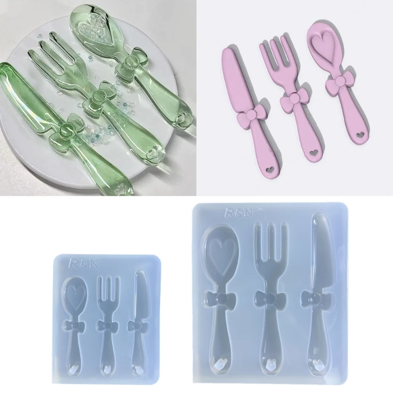 Geometry Bowknot Knife Fork Spoon Parts Silicone Mold with Hole Woman Keychain Decorative Pendant Mold for DIY Crafts Y08E