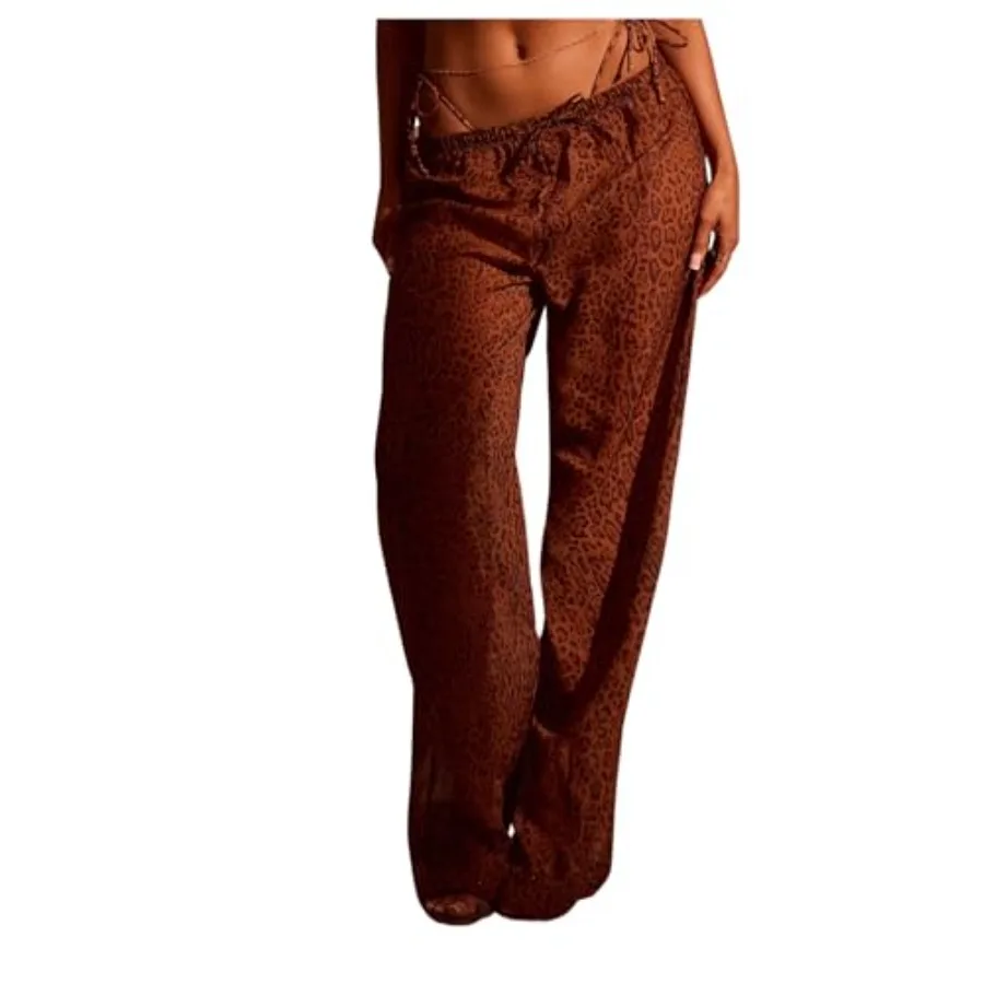 

WDIRARA Women's Leopard Print Cover Up Pants Drawstring Waist Mesh Sheer Beach Pants