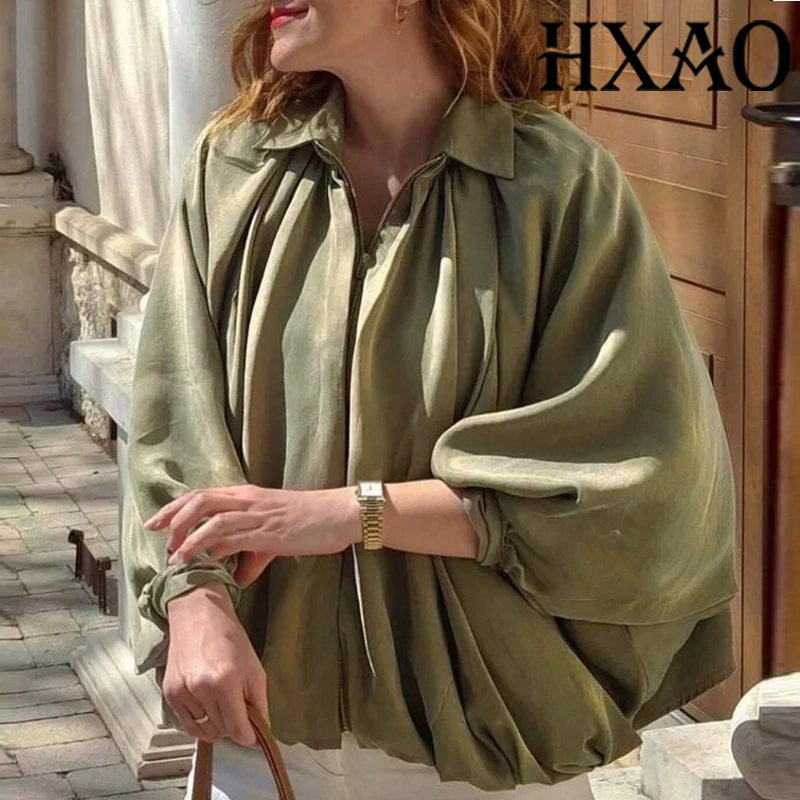 سترة نسائية منفوخة من HXAO بطيات كبيرة الحجم سترات نسائية منتفخة مقصوصة سترة صيفية ملابس خارجية بسحاب وأكمام طويلة سترة خضراء #3