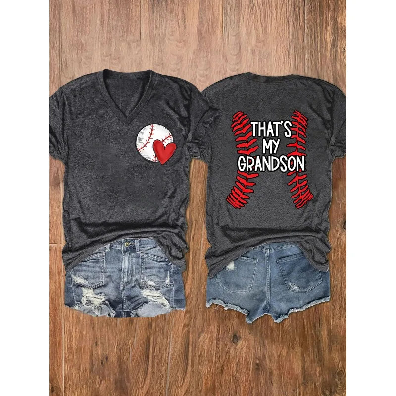 HOT Women's Baseball Print T-Shirts Summer V Neck Tops Short Sleeve Casual Tees