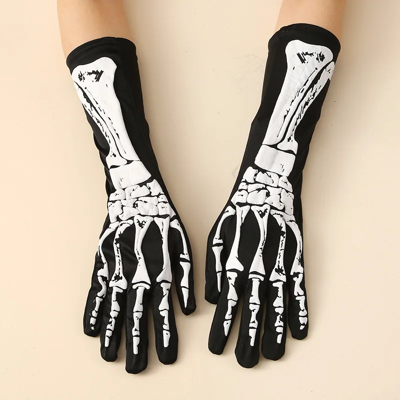 Gloves Halloween Skull Print Skeleton Foam Party Costume Prop Cosplay Dance Show Stage Adult Size Black Lightweight Soft