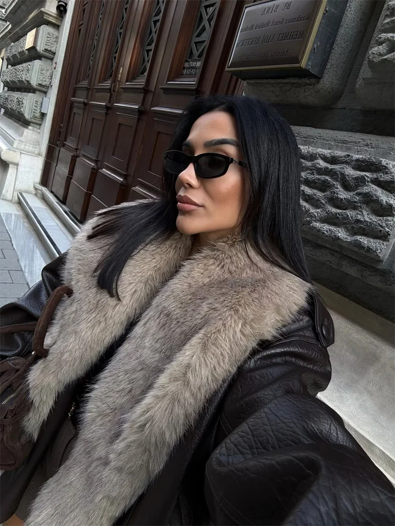 سترة نسائية من الجلد الصناعي مع ياقة قابلة للفصل وياقة كبيرة من الفرو كاجوال من الجلد الدافئ للخريف والشتاء #6
