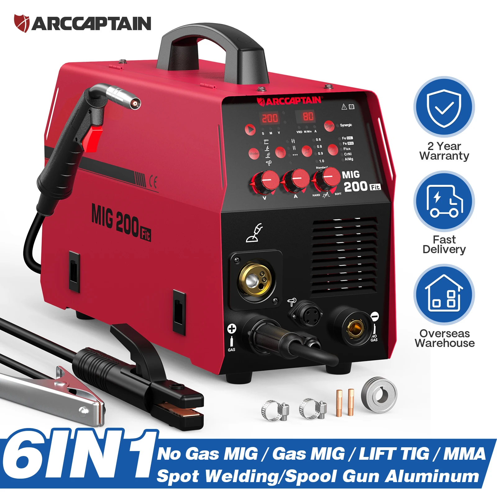 ARCCAPTAIN 200A Machine à souder MIG 6 en 1 MMA ascenseur TIG soudage par points bobine pistolet semi-automatique soudeur en aluminium 2T/4T fer à souder