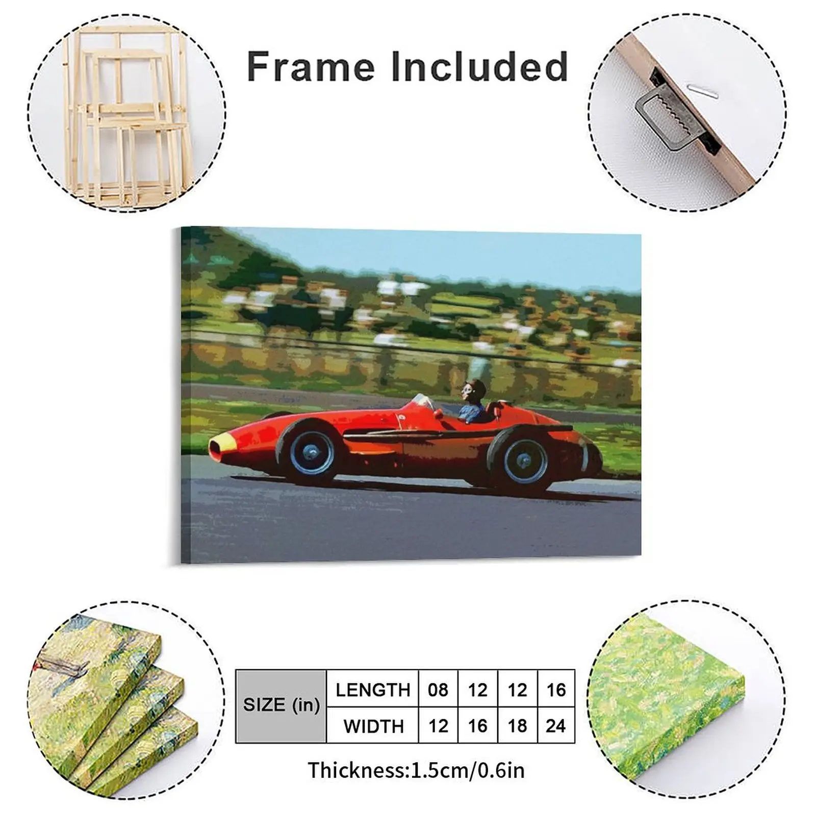 Juan Manuel Fangio Racing His 1957 Championship Winning Car Watercolor Canvas Painting Garage Create Framed Wall Painting view 2