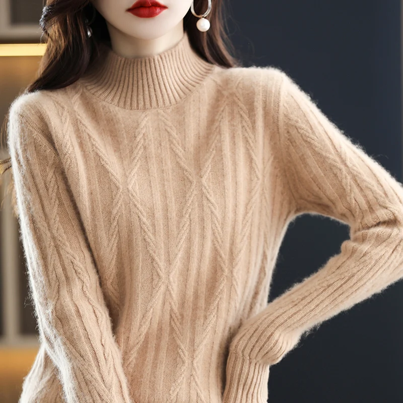 100% Wool Cashmere Sweater Women's Autumn Winter New Thickened Half Turtleneck Pullover Casual Fashion Knitted Jacket Top Female