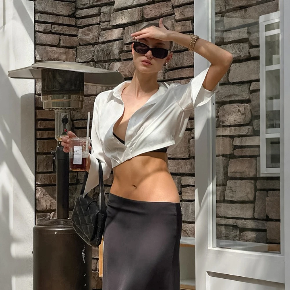 투트윈스타일 핫걸 스타일 여성용 셔츠, 라펠 쓰리 쿼터 슬리브 미니멀리스트 화이트 컬러 숏 셔츠 여성 의류