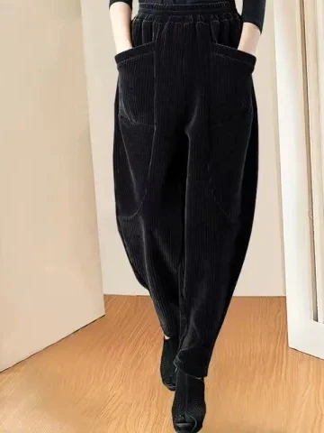 

Women's Fleece Lined Elastic Waist Harlan Pants Thickened Autumn Winter plus Size Slimming Dad Pants Casual Loose Fit Trousers