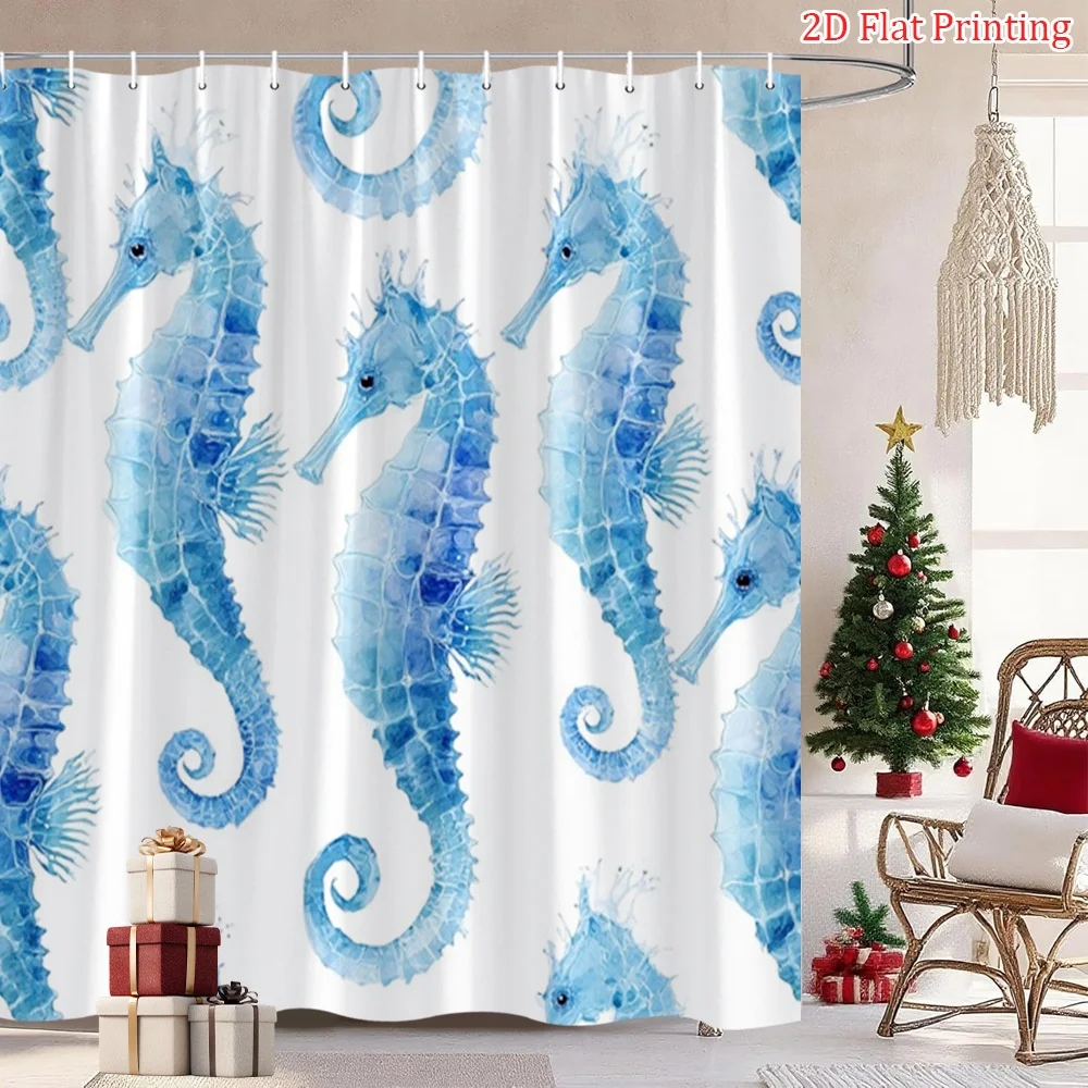 

1pc Ocean-Themed 2D Flat Shower Curtain with Seahorse Watercolor Design - 70.8x70.8 Inch Polyester Fabric, 12 Hooks, Bright Sea