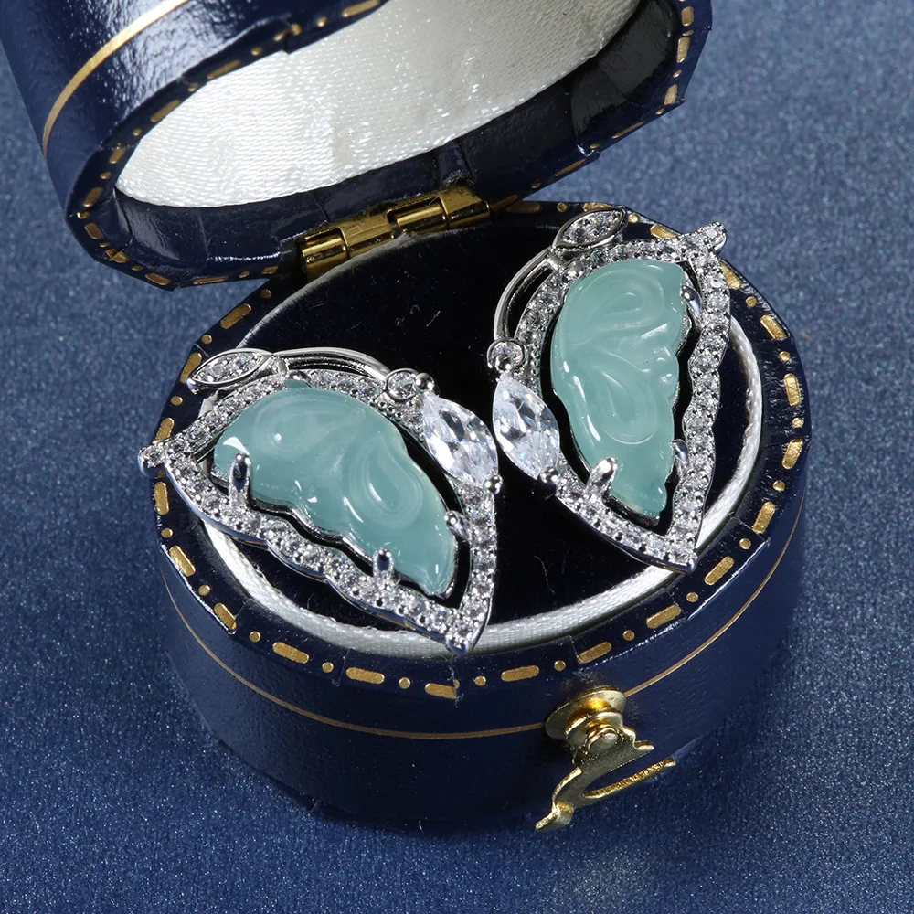 

18K Gold Inlaid Natural Hazardous Material Blue Water Jade Butterfly Earrings Fashionable Small Fresh Platinum PT950 Earrings