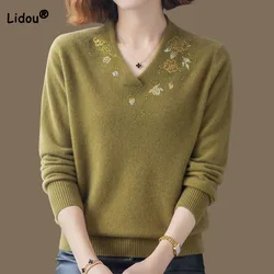 Elegant Fashion Diamonds Solid Color Sweaters Autumn Winter Women's Clothing All-match Short Casual V-Neck Knitted Pullovers