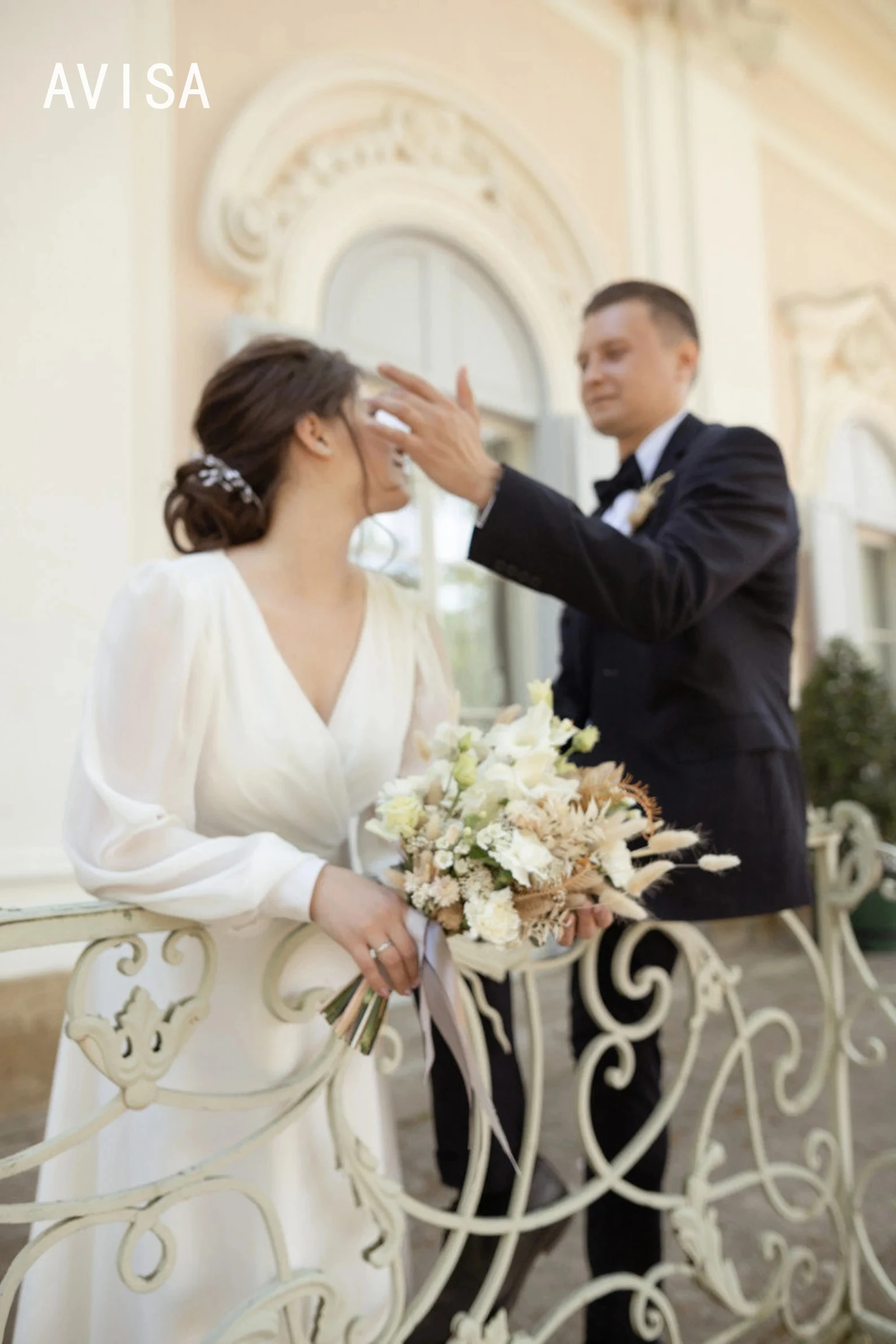 Semplice abito da sposa corto con scollo A v manica lunga una linea lunghezza alla caviglia Organza Tulle abito da sposa Beach Vestidos De Novia 2024