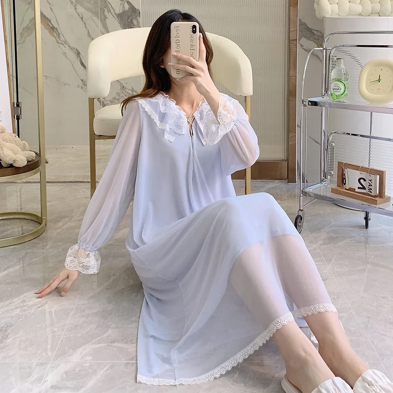 Court Princess Nightgowns Modal Spring Autumn Medium Long Pajamas Dress Lace Mesh Loungewear Nightdress Women Sleepwear