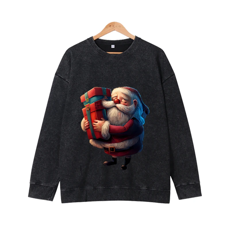 Autumn and Winter Christmas Cartoon Element Printed Top for Men and Women, Round Neck Hoodie, Long Sleeve Coat