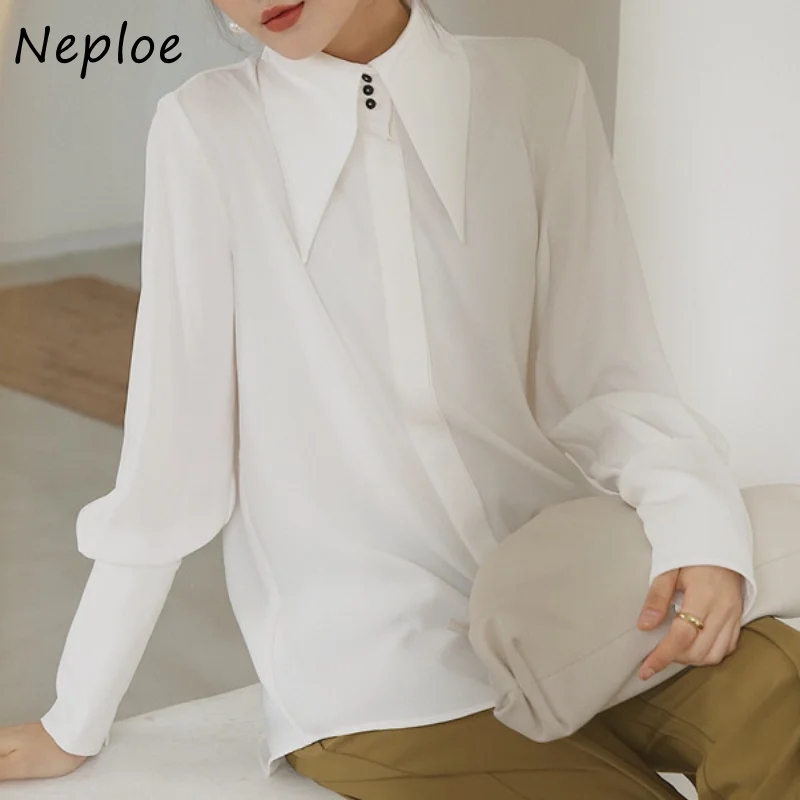 Neploe Turn Down Collar Solid Color Long Sleeve Shirts Early Spring Vintage Blusas Mujer De Moda 2024 Single-breasted Blouses