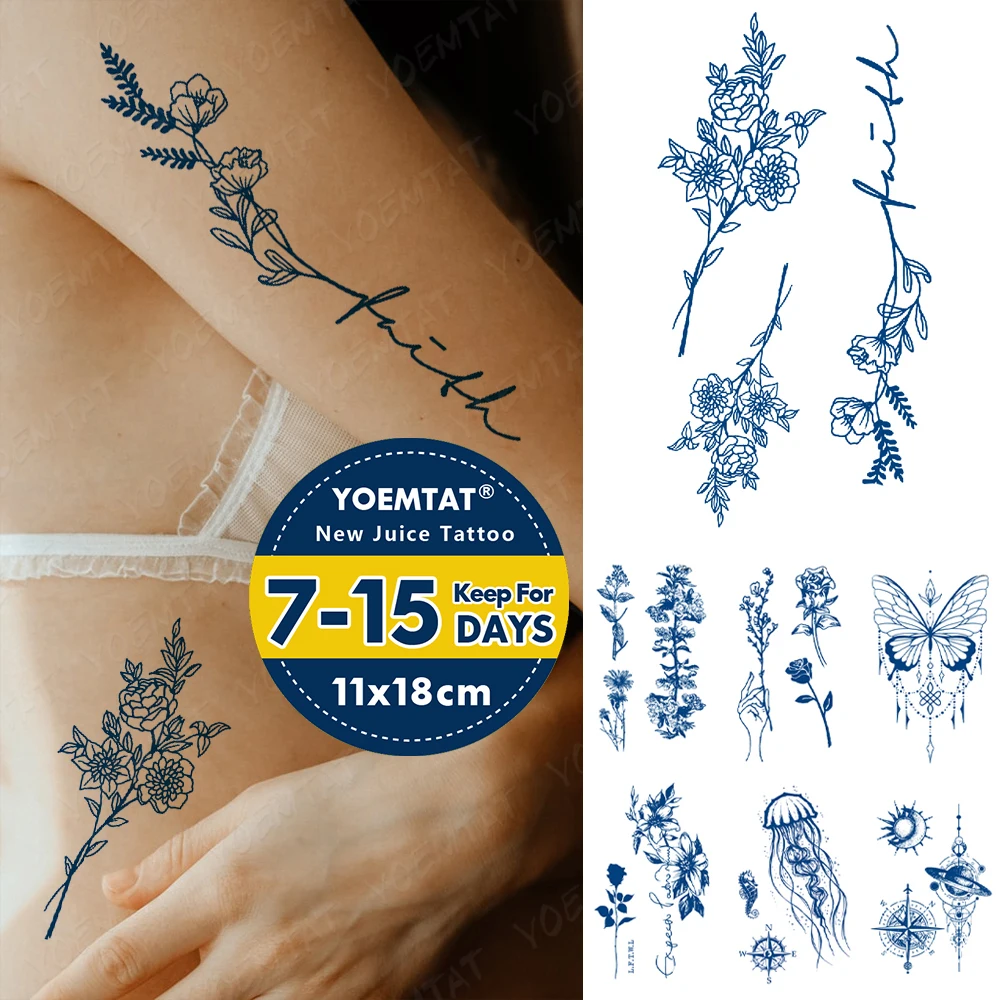 

Waterproof Temporary Tattoo Sticker Juice Lasting Ink Flower Line Arm Genipin Herbal Semi-Permanent Glitter Fake Tato Body Art