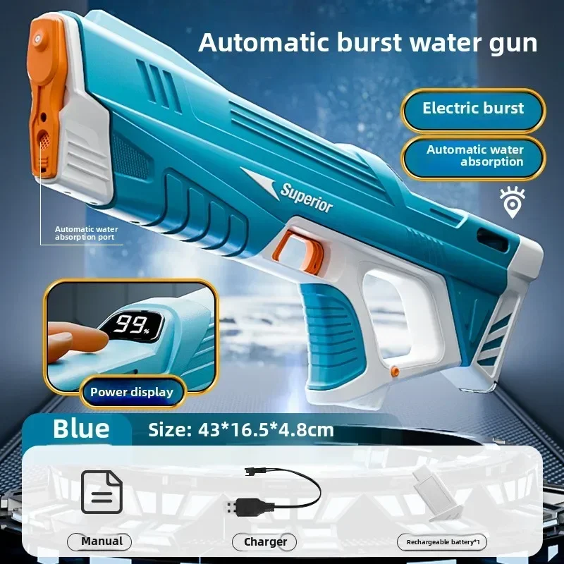 Pistolet à eau électrique automatique pour enfants, nouvelle collection, absorption d'eau, affichage de la batterie, grande capacité, jouet aquatique pour garçons, vente en gros