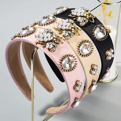 New European and American Trend Versatile Bee Inlaid Water Drill Bit Hoop Pearl Headband Baroque Wide Edge Hair Hoop Female