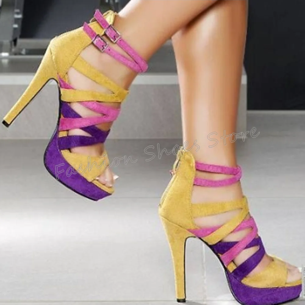 

Mixed Color Cross Strap Back Zipper Sandals Platform Thin High Heels High Heel Shoes for Women Heels 2025 New Zapatos Para Mujer