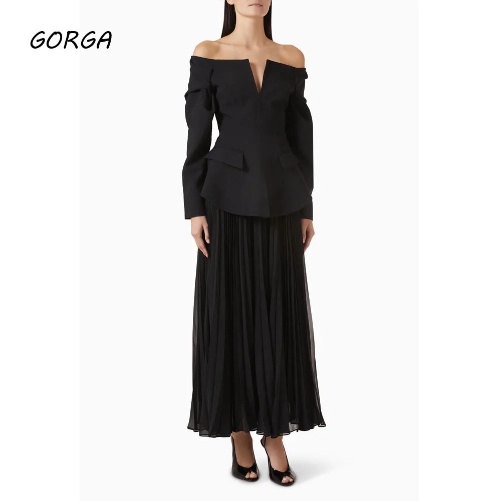 

GORGA Customized Black Off Shoulder Crepe Formal Evening Dress Slim A-Line Chiffon Prom Dress 2025 Long Sleeves Party Dress